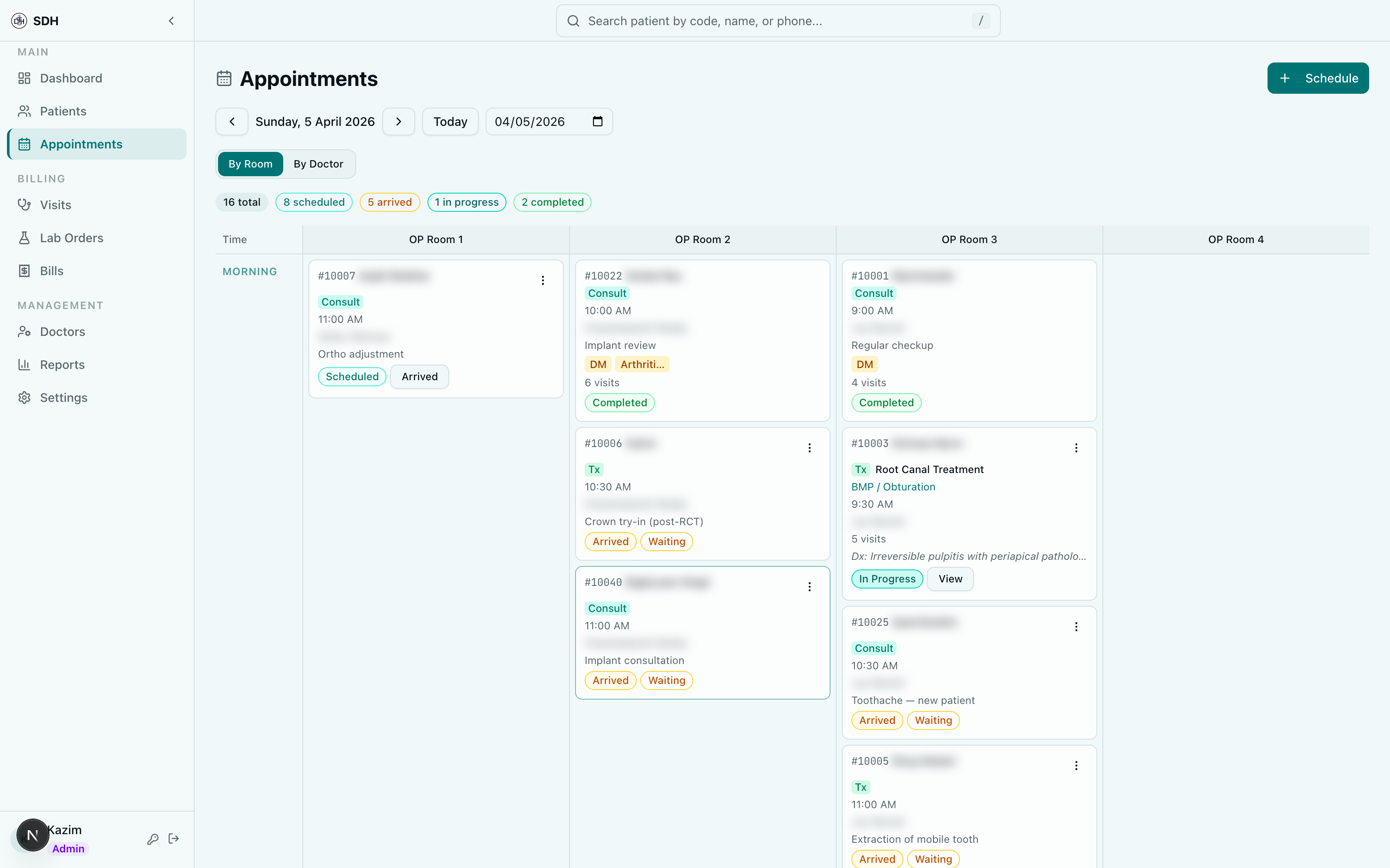 Daily appointment schedule with room-based columns, patient context, and status tracking