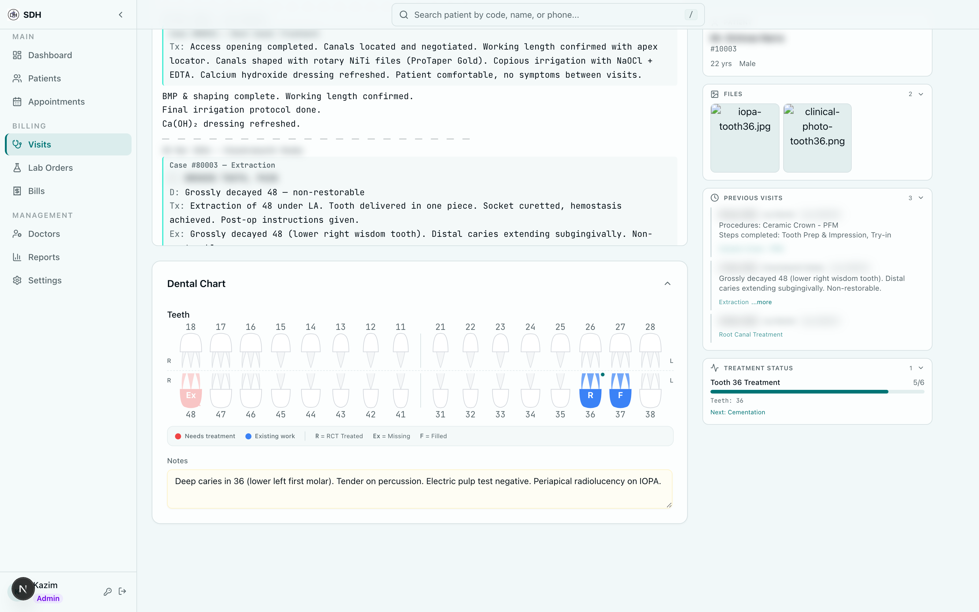 Clinical examination page showing interactive dental chart, per-tooth findings, clinical notes, and treatment status sidebar