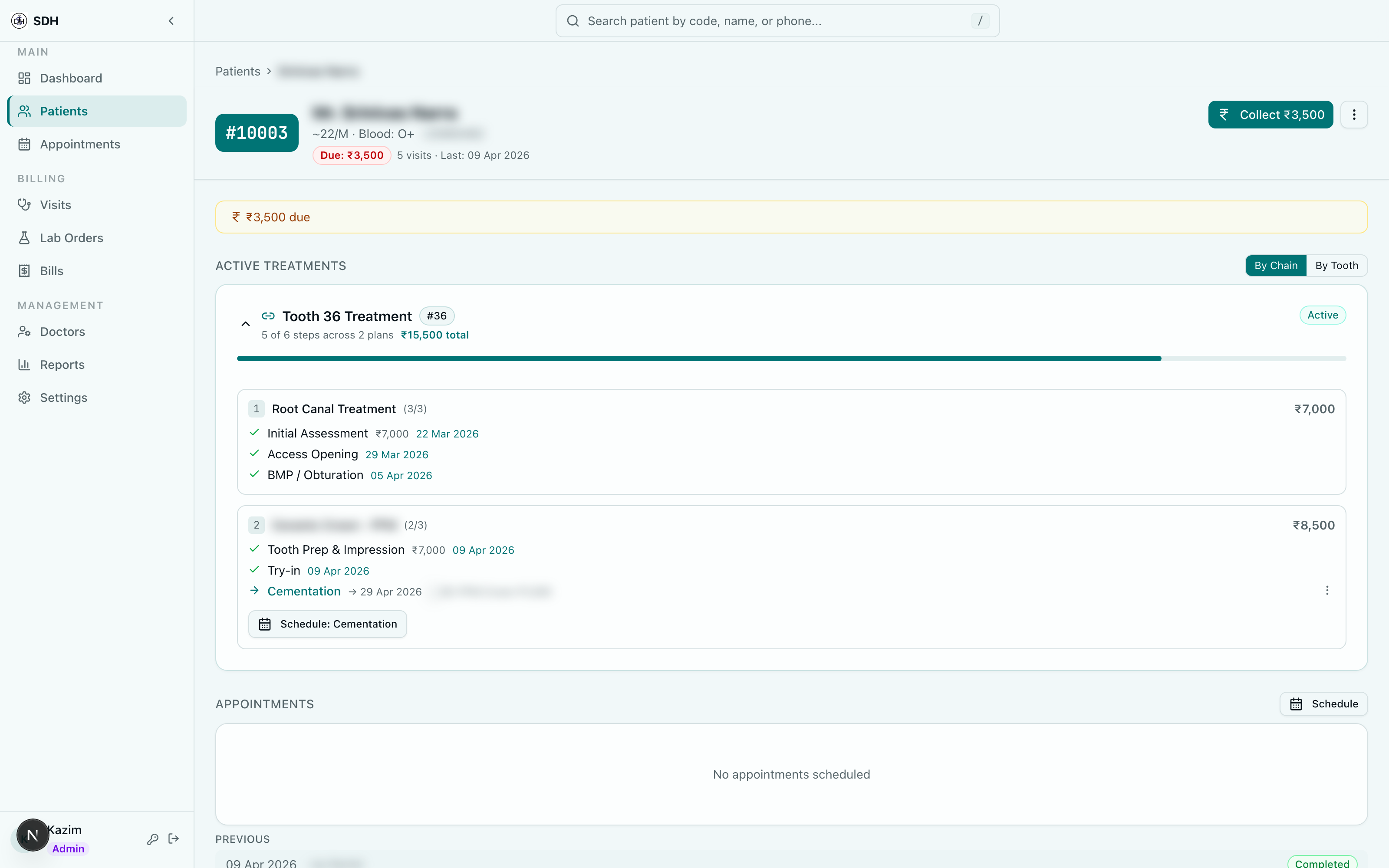 Patient detail view with active treatment chain, multi-step plan progress, and balance tracking