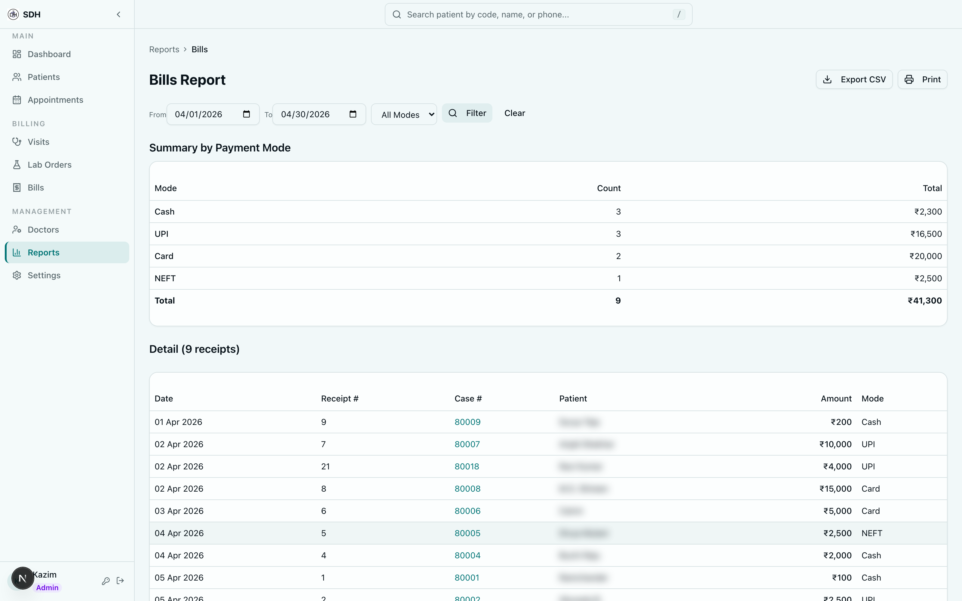 Bills report with payment mode summary and detailed receipt list by date