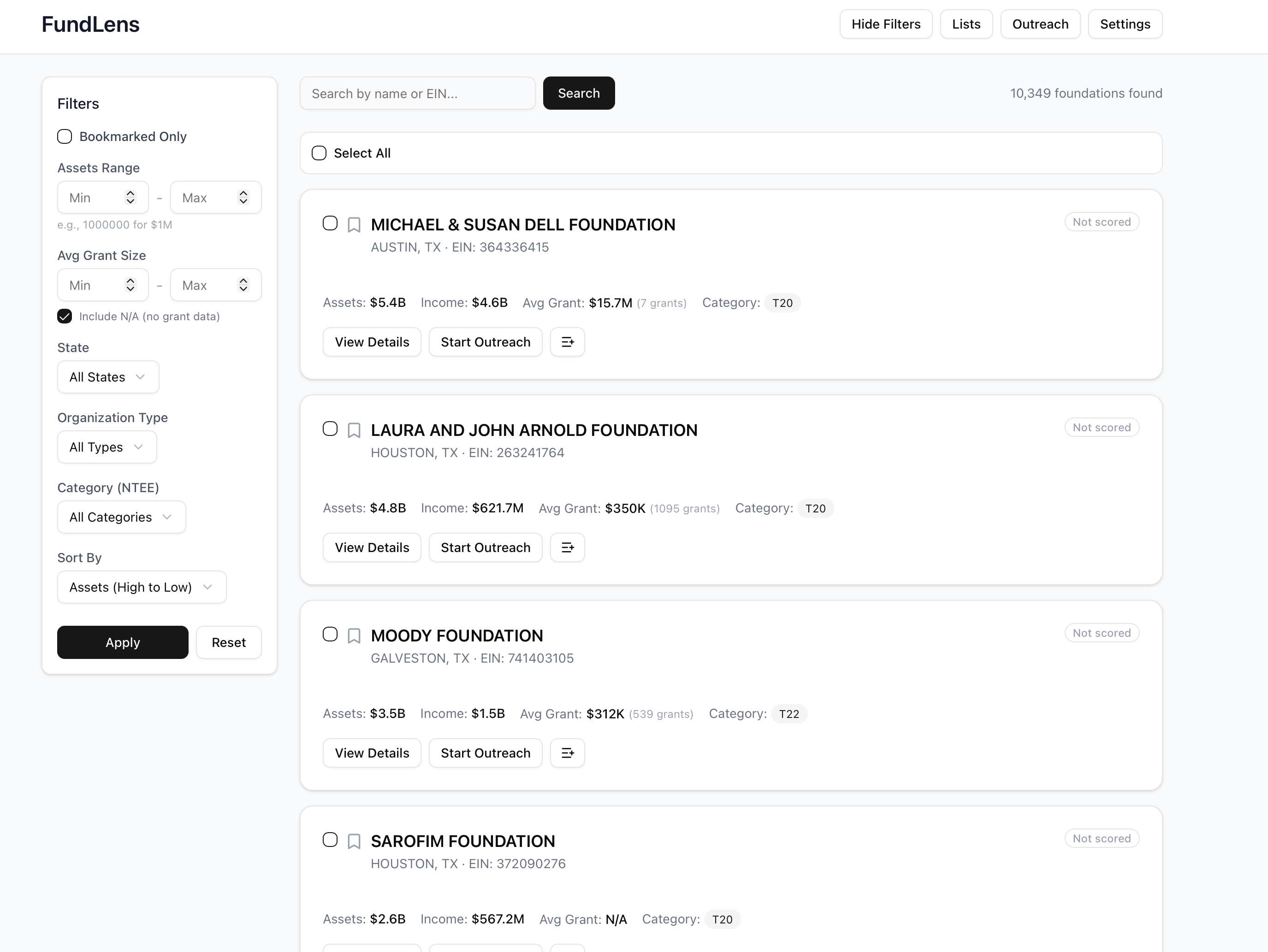 FundLens grant prospecting