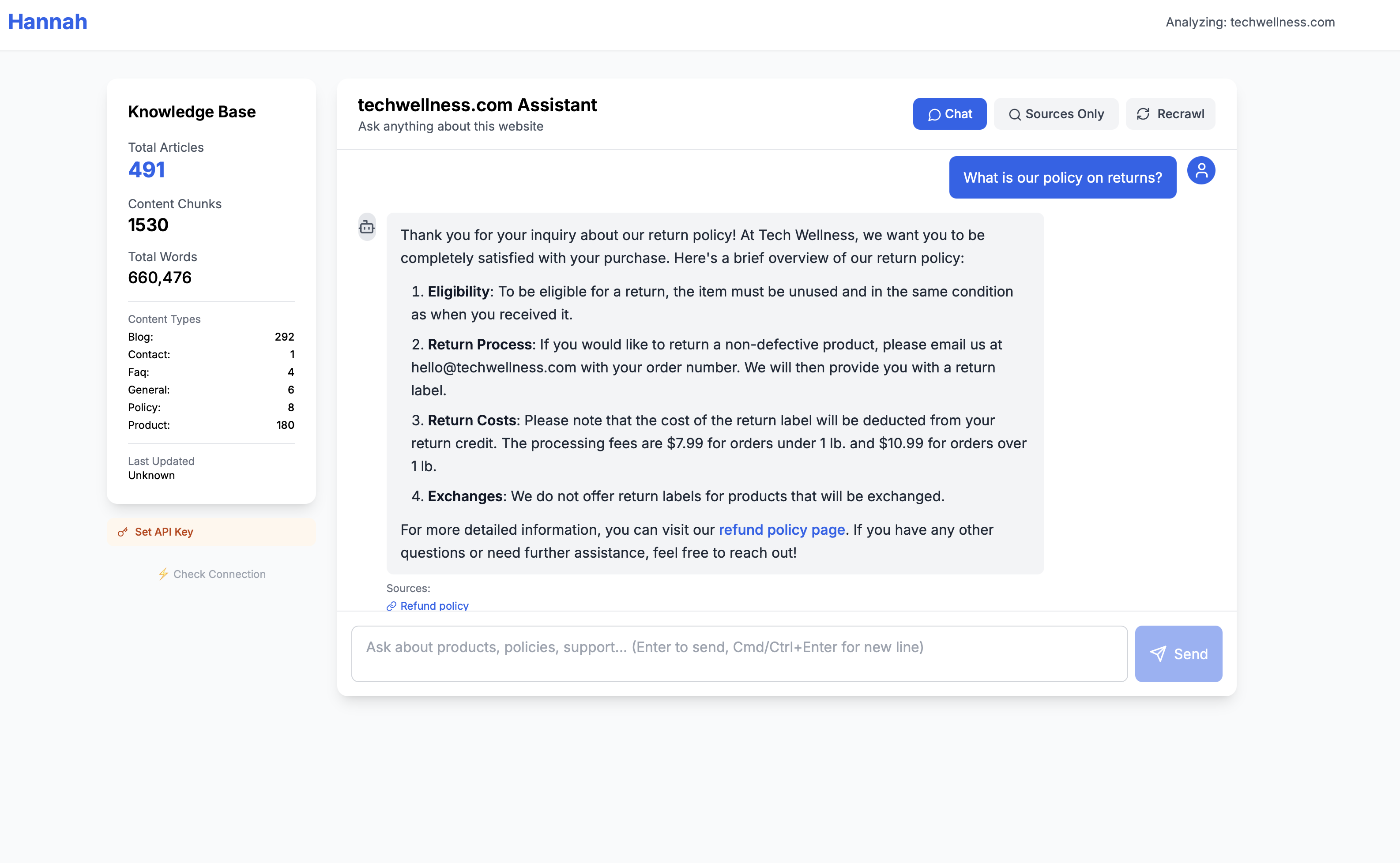 Hannah AI chatbot interface