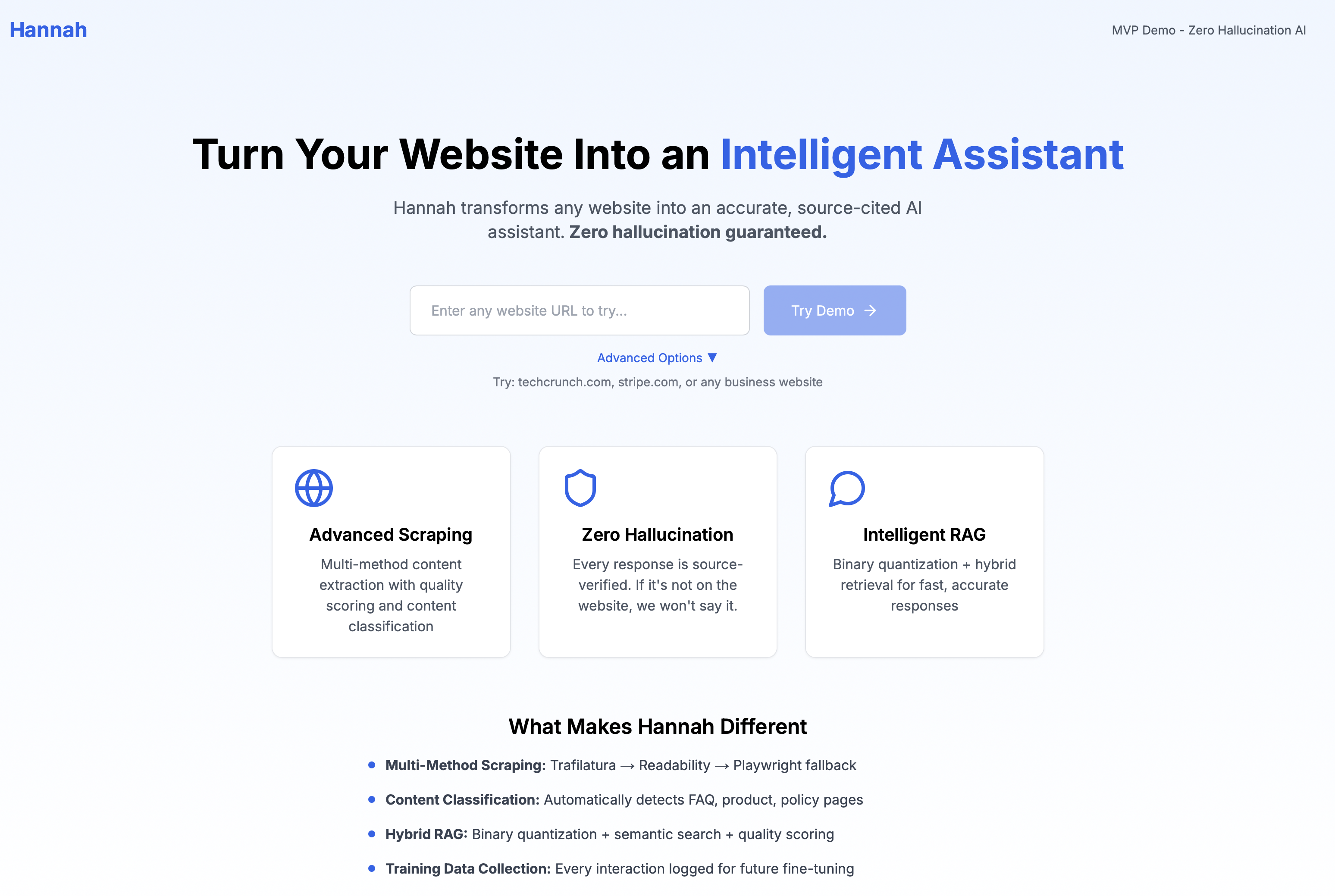 Hannah AI assistant homepage showing URL input and getting started interface