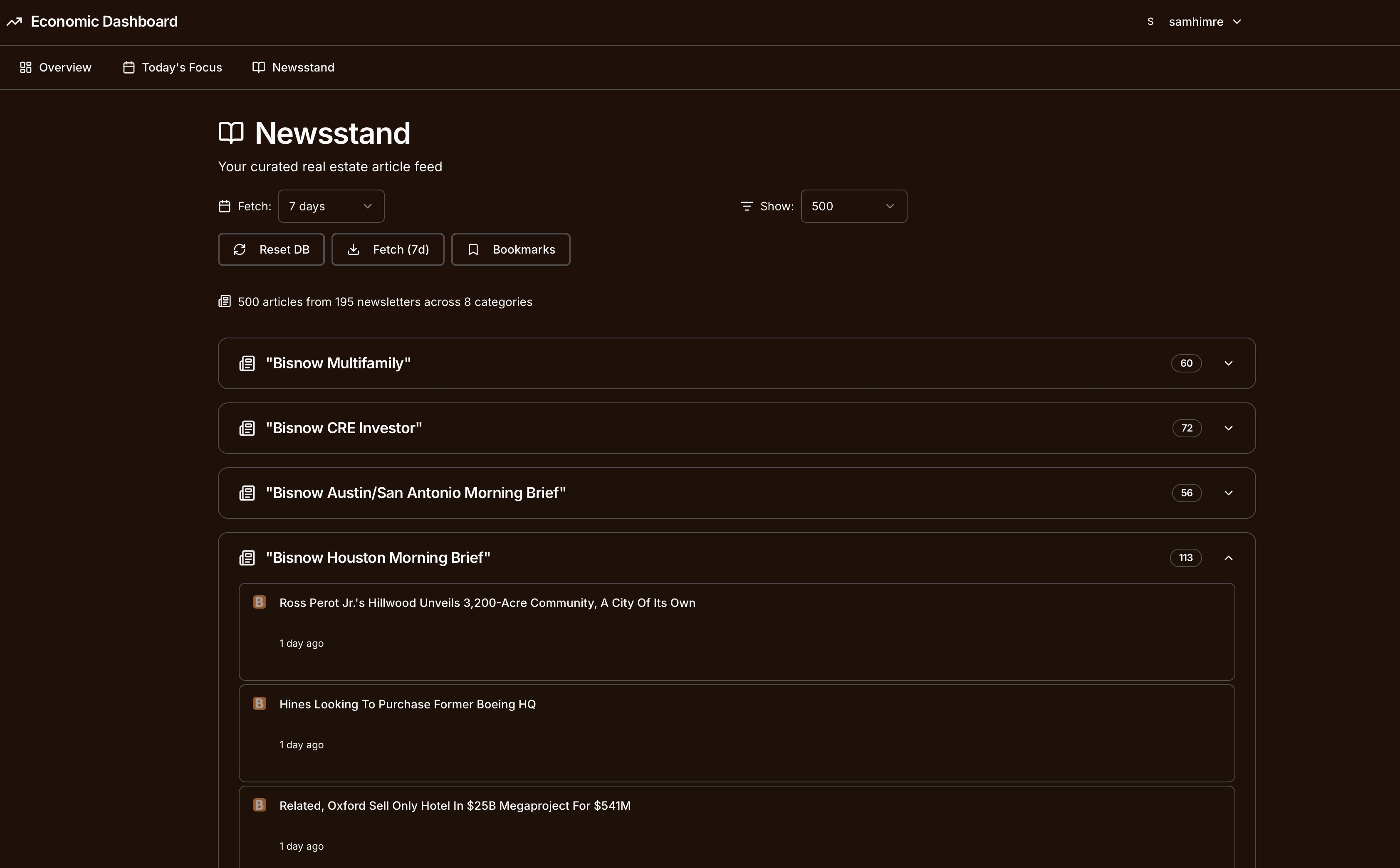 Newsstand showing parsed real estate newsletter articles